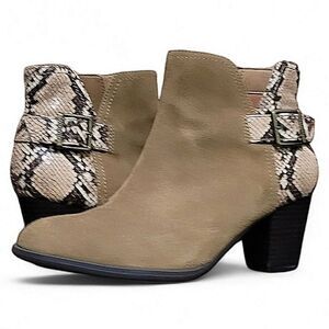 Vionic Naomi Tan Suede Snake Print Ankle Boots
